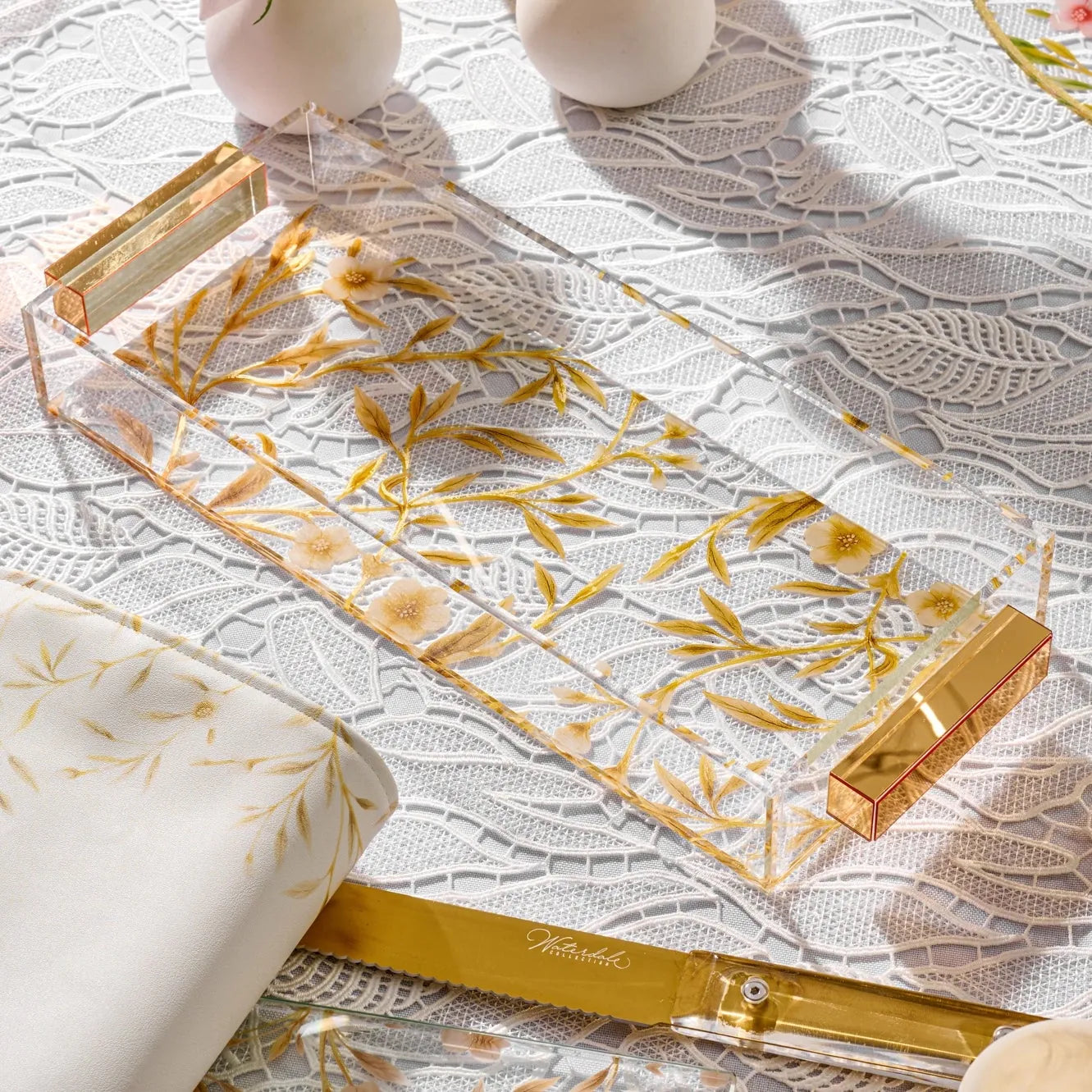 Gold Floral Bird bread tray on a set table with a knife in the background - Waterdale collection