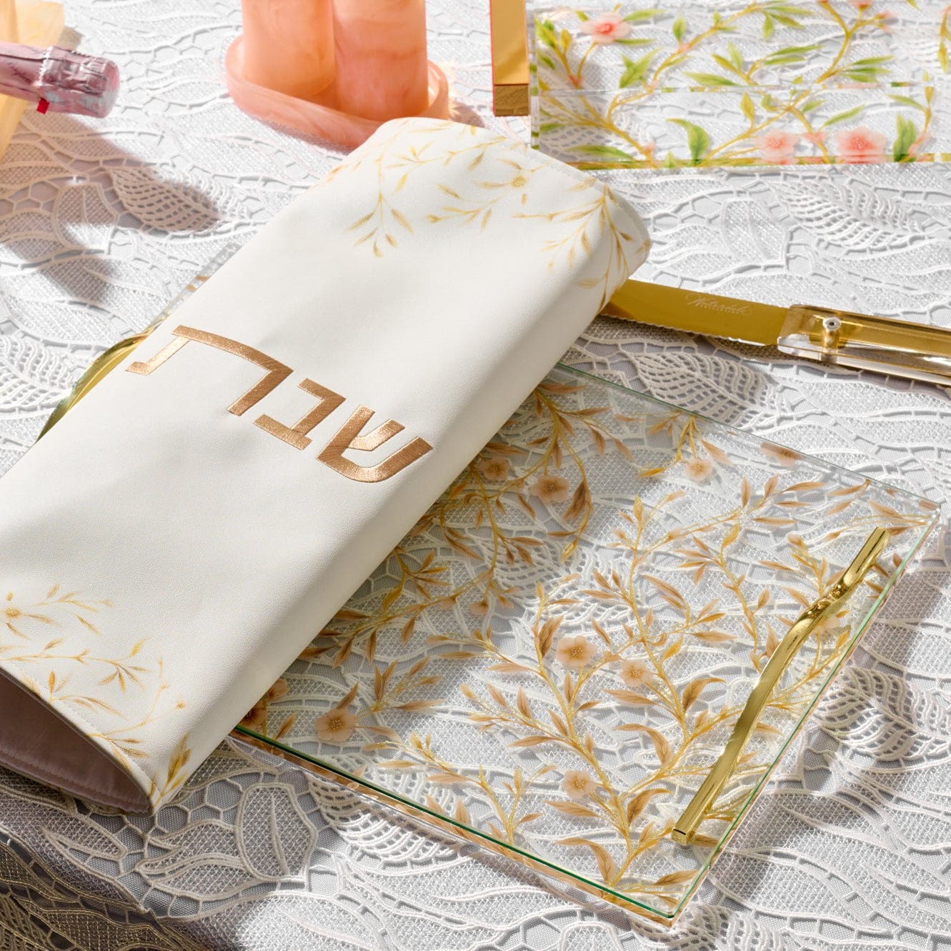 Waterdale Collection Gold Floral Bird Challah Cover in soft cream fabric with elegant gold leaf border and “Shabbat” embroidery, luxury Shabbos table décor, modern Judaica challah cover for Jewish home or wedding