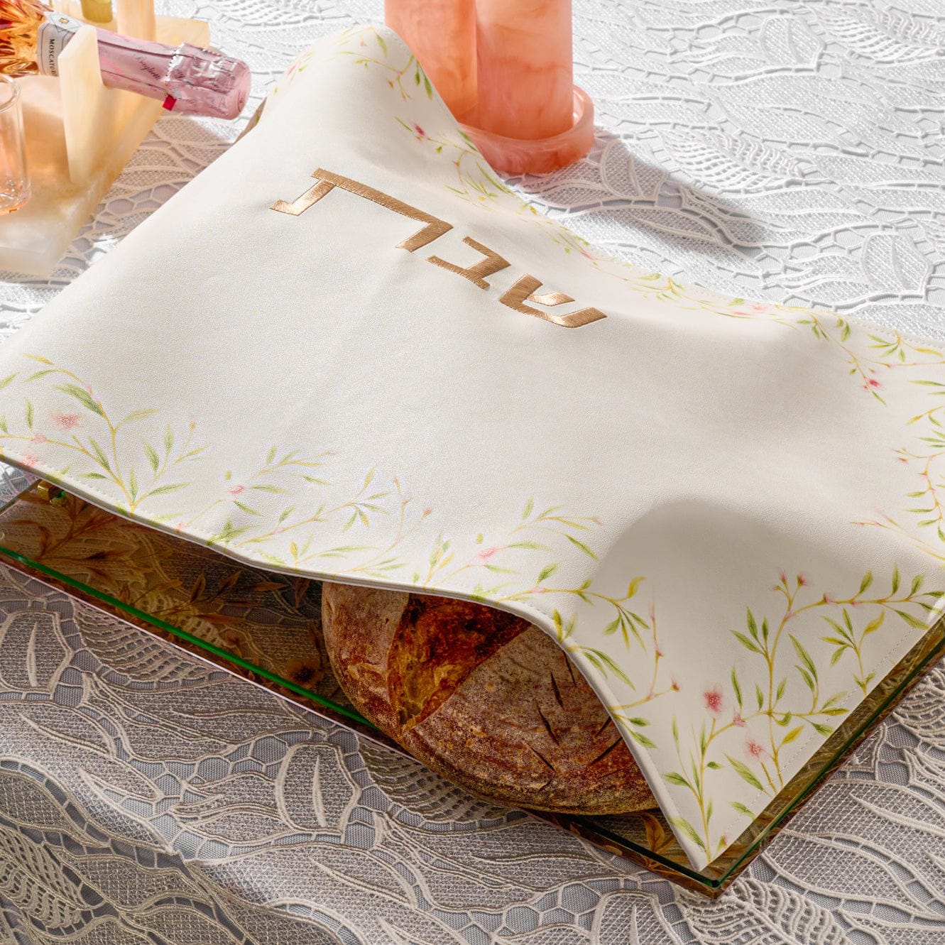 Waterdale Collection Floral Bird Challah Cover with soft cream fabric, delicate floral border design and gold “Shabbat” embroidery, elegant Shabbos table décor, luxury Judaica challah cover for Jewish home or wedding gift