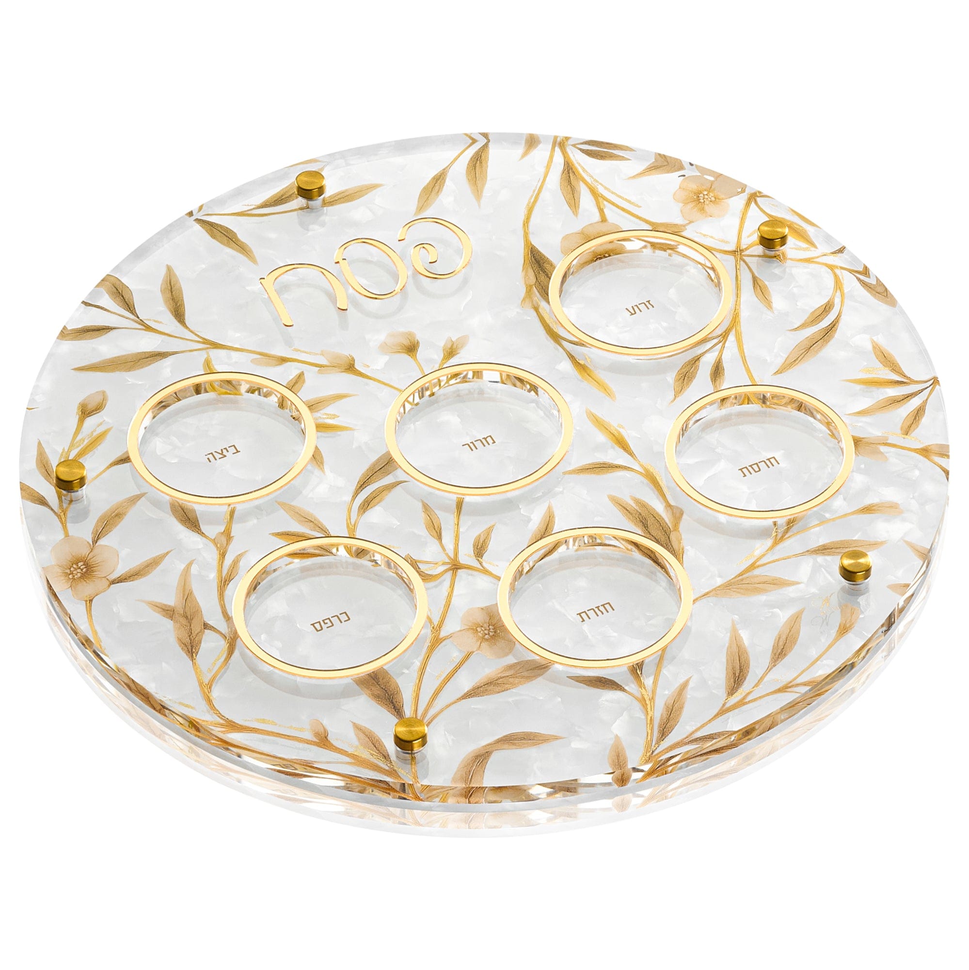 Round acrylic Floral Bird Seder Plate with gold-trimmed edges and spring botanical motifs — Waterdale Collection.