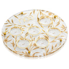 Round acrylic Floral Bird Seder Plate with gold-trimmed edges and spring botanical motifs — Waterdale Collection.
