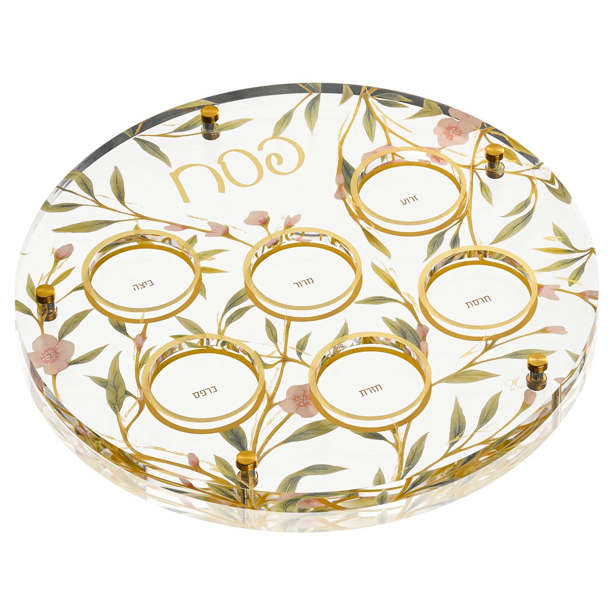 Modern lucite Seder plate for Pesach with elegant floral and bird illustrations, gold accents, and six integrated glass dish holders — Waterdale Collection.