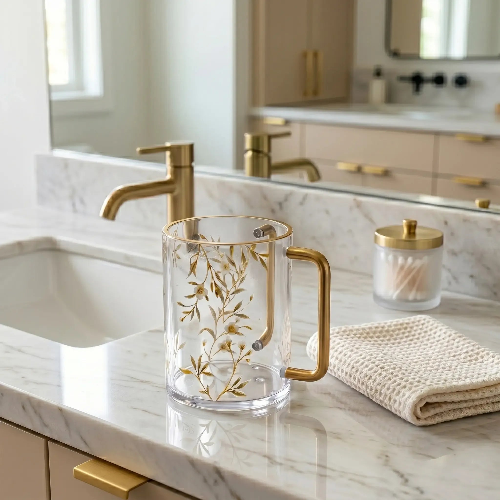 Lucite Washing cup with gold floral design and handle on a marble countertop in a bathroom - Waterdale Collection