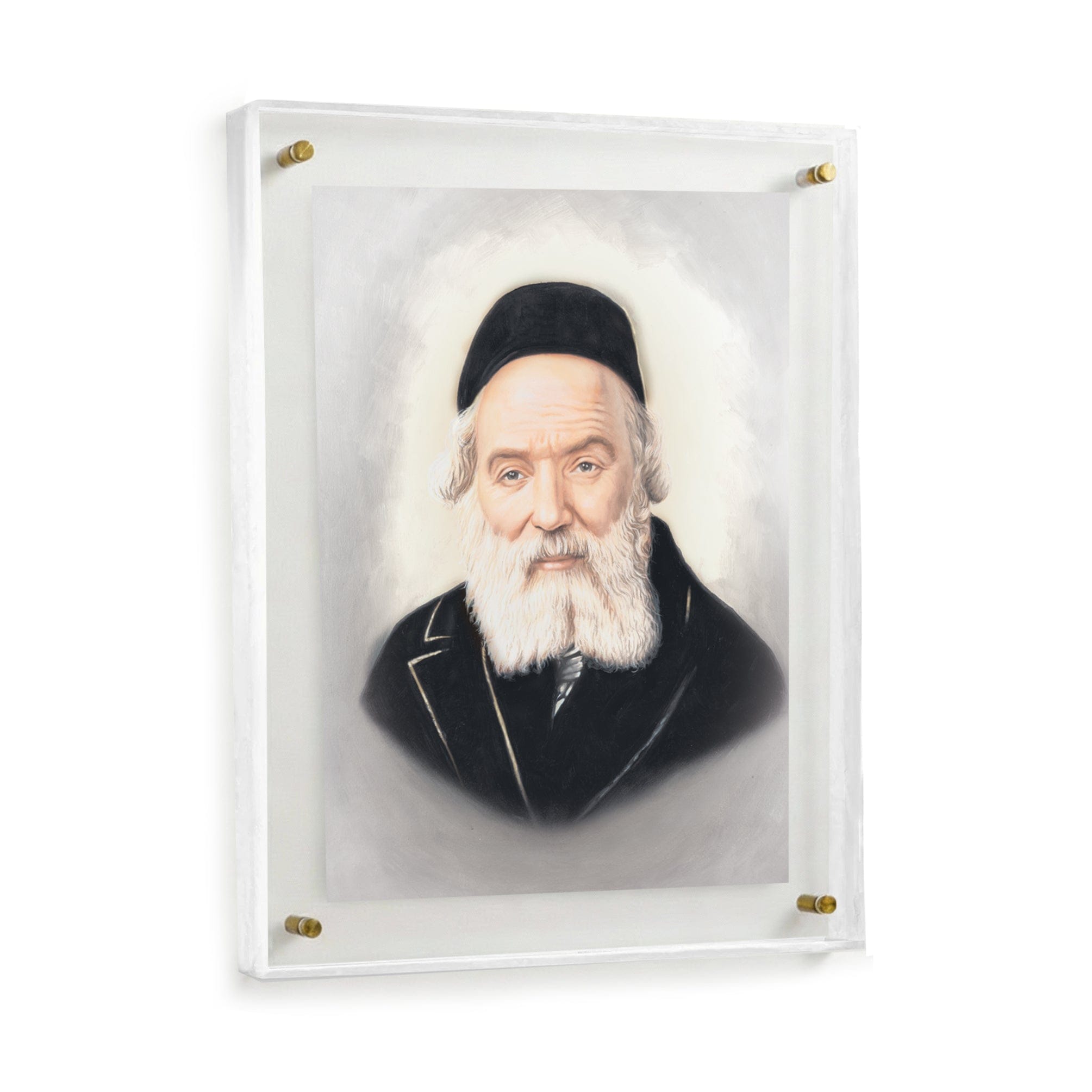 Modern framed portrait of the Chofetz Chaim in light tones with a minimalist white border and gold accents.