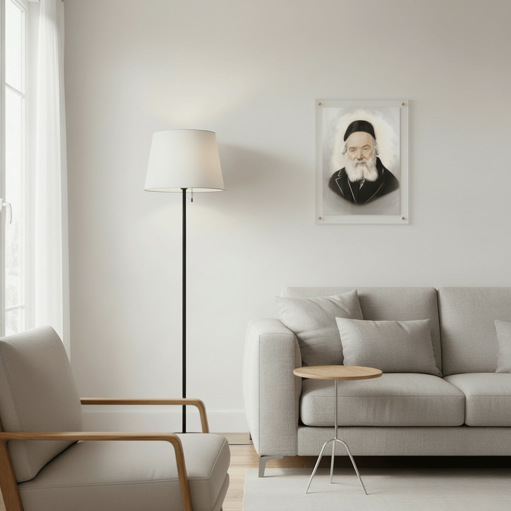 Frame Gedolim Art Chofetz Chaim in a Light sketch style on clear lucite, featuring a minimalist monochromatic rabbinic illustration with professional floating wall mounts.