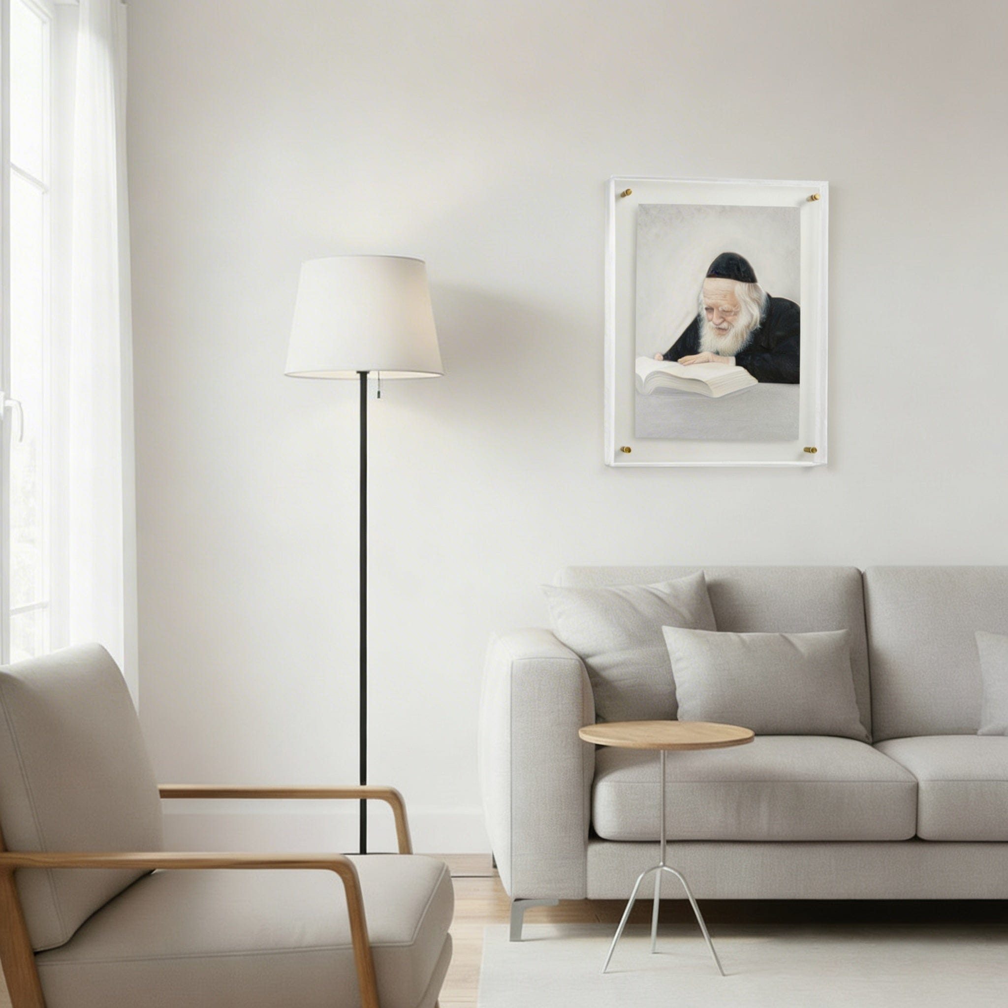 Gedolim art featuring a high-quality sketch of Rav Chaim Kanievsky, displayed in a sleek white acrylic frame for home decor.