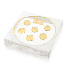 Modern frame Seder Plate with a clear lucite base and 6 glass bowls, featuring a luxury gallery-style frame for an elegant Passover (Pesach) table setting.