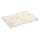 French Toile Challah Board with cream and beige floral pattern, featuring silver metal handles on rectangular tray for Shabbat.