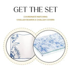 French Toile Challah Board and Cover Set by Waterdale Collection featuring blue and white ceramic dishes with classic toile pattern design