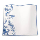 French Toile Challah Board and Cover Set with blue botanical design and Hebrew text on white linen fabric
