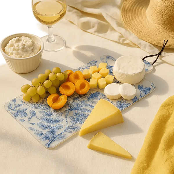 French Toile Charcuterie Board in blue and white ceramic with cheese, grapes, and crackers arranged on top, styled with yellow linens and woven placemats.