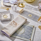 Waterdale Collection geometric challah board and cover set in white with gold accents, displayed on a table setting.