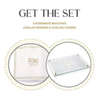 Waterdale Collection geometric challah board and matching cover set displayed together, featuring a wooden board with gold accents and clear acrylic cover.