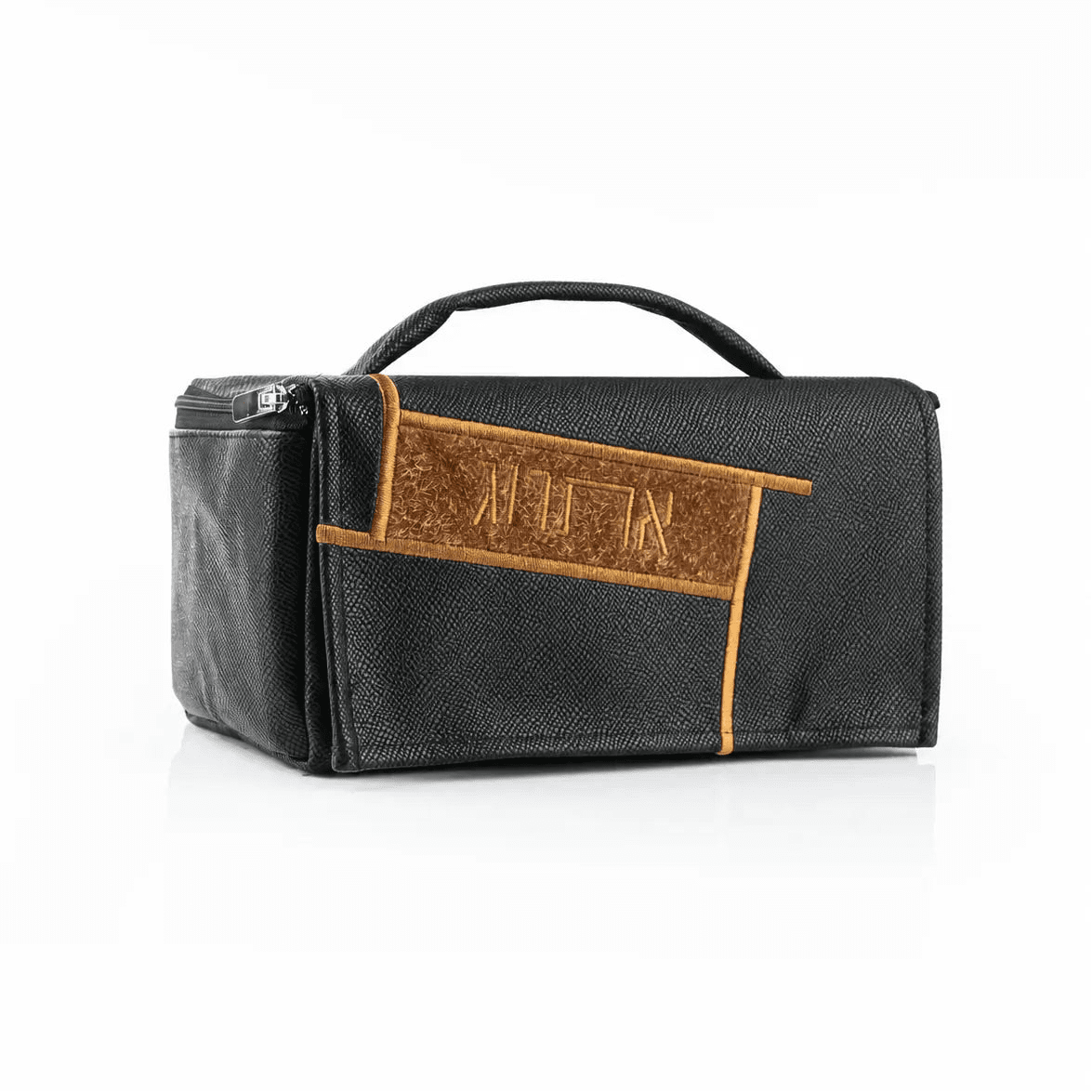 Black leather etrog bag from Waterdale Collection with tan fur panel and embossed Hebrew lettering.