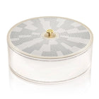 Waterdale Collection Geometric Seder Plate and Matzah Box Set in white with gold accents, featuring a modern circular design with radiating pattern details.