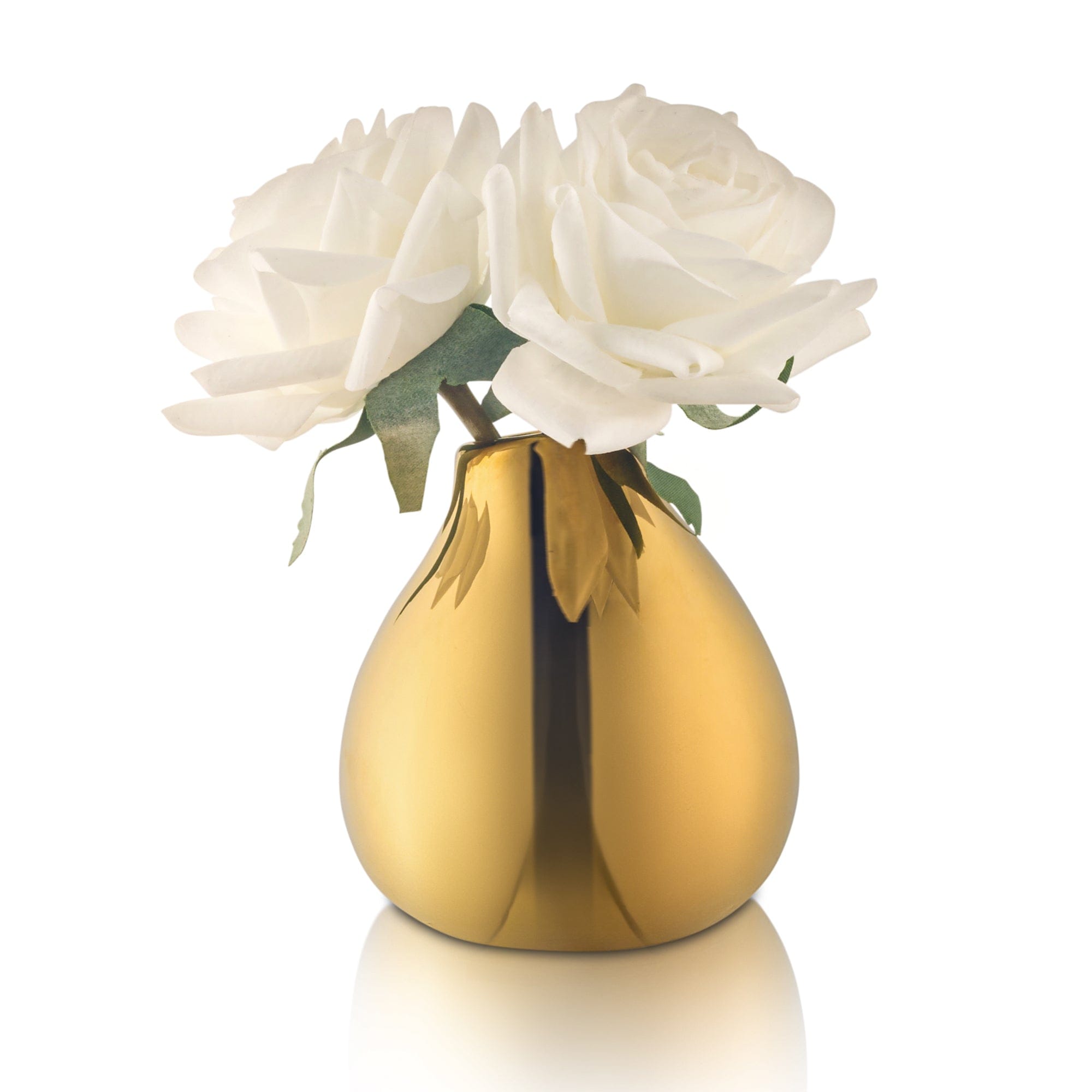 Gold faux floral teardrop vase featuring white artificial roses in a glossy metallic finish, ideal for elegant home décor and tabletop styling.