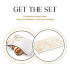 Gold French Toile Challah Pouch Set showing coordinating bread cover and glass serving board with cream botanical pattern design
