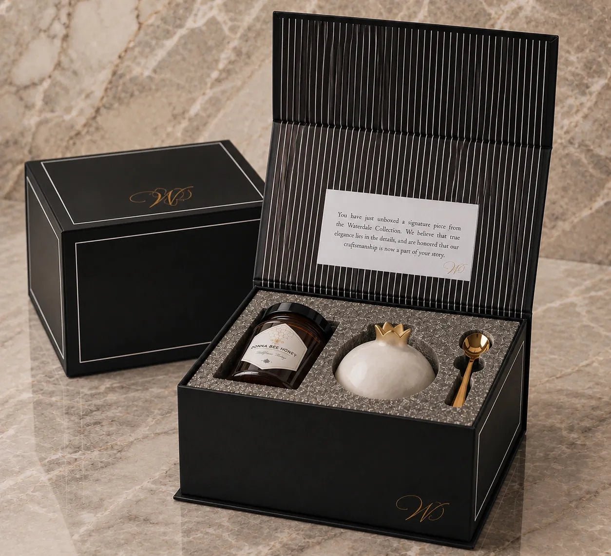 Boxed pomegranate honey dish gift set for Rosh Hashana corporate gifting