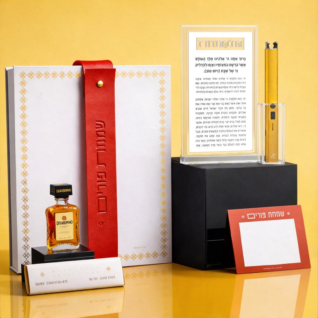 Luxury Mishloach Manot gift box featuring a gold-bordered Classic 2.0 Hadlokas Neiros Block With Lighter in a lucite stand, a white leatherette pouch with a red strap, and a mini Disaronno liqueur.