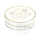 Herringbone 3-level Seder plate with gold accents, Hebrew labels, and modern white design, elegant Passover table decor | Waterdale Collection