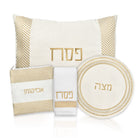 Luxury herringbone Pesach set with white and gold Passover accessories, textured fabric design, and Hebrew embroidery | Waterdale Collection