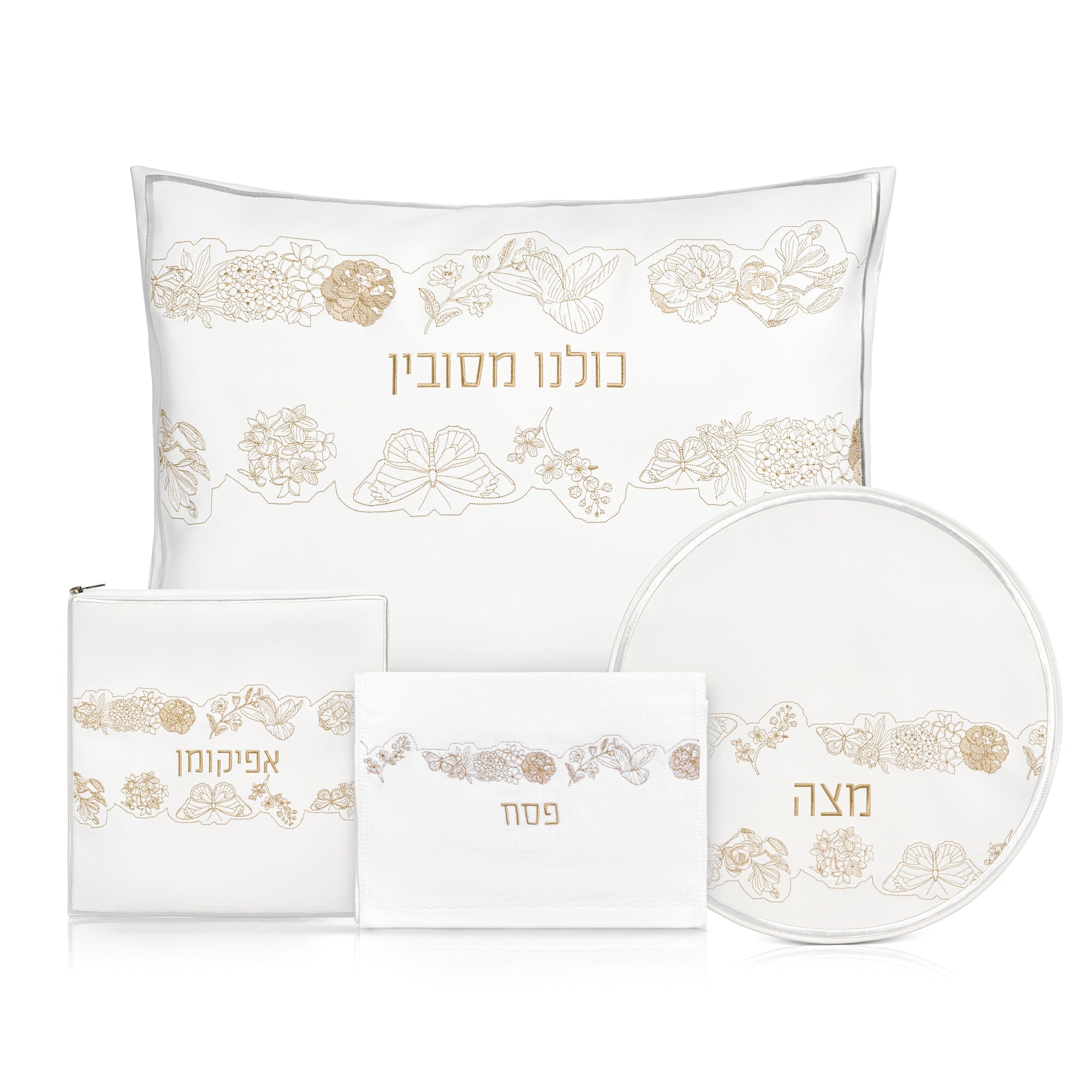 Luxury inlay floral Pesach set with white and gold Passover accessories, delicate floral detailing, and Hebrew embroidery | Waterdale Collection