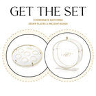 Waterdale Collection Inspired Seder Plate and Standing Matzah Box Set with white ceramic dishes and gold trim details.