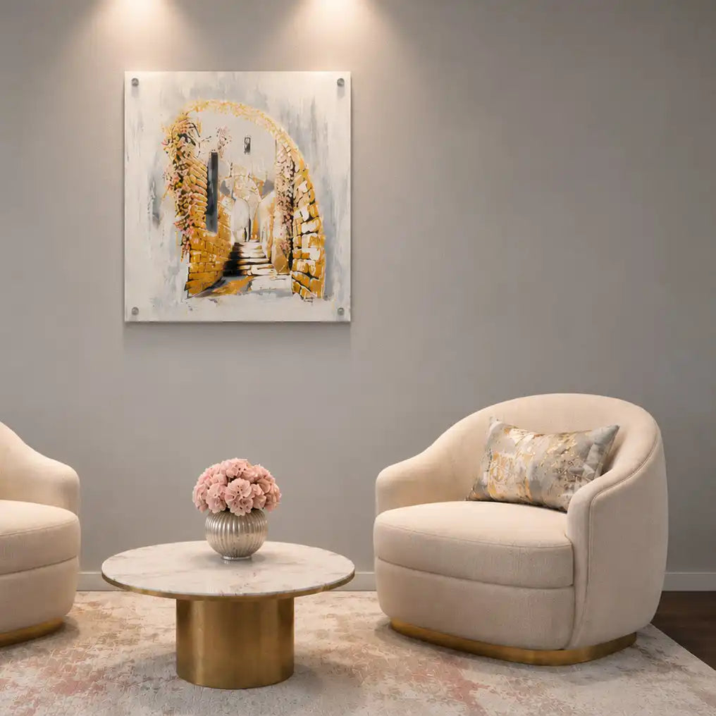 Abstract painting of Jerusalem alleyways in soft gold coloring with gold accents.