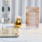 Jerusalem Taupe Hadlokas Neiros Card with Hebrew Shabbat candle lighting blessing, gold Western Wall artwork design, elegant acrylic Judaica tabletop decor for Shabbos and Yom Tov.