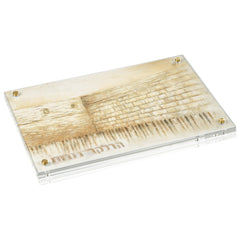 Jerusalem Taupe Hadlokas Neiros tray in clear lucite w/ gold standoff accents, elegant taupe Western Wall design, modern Shabbat candle lighting tray, luxury Judaica décor for Jewish home or wedding gift