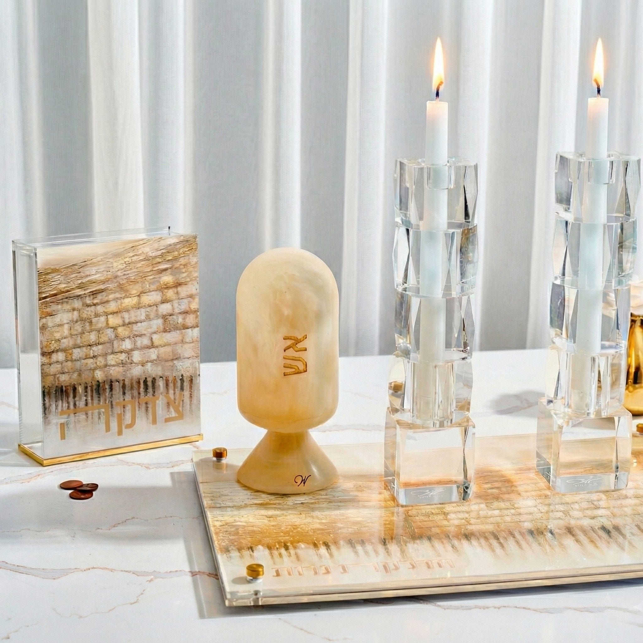 Jerusalem Taupe Tzedakah Box with gold Western Wall Jerusalem artwork, luxury acrylic charity box with Hebrew Tzedakah lettering, modern Judaica decor for Jewish home, Shabbat table, Bar Mitzvah or housewarming gift.