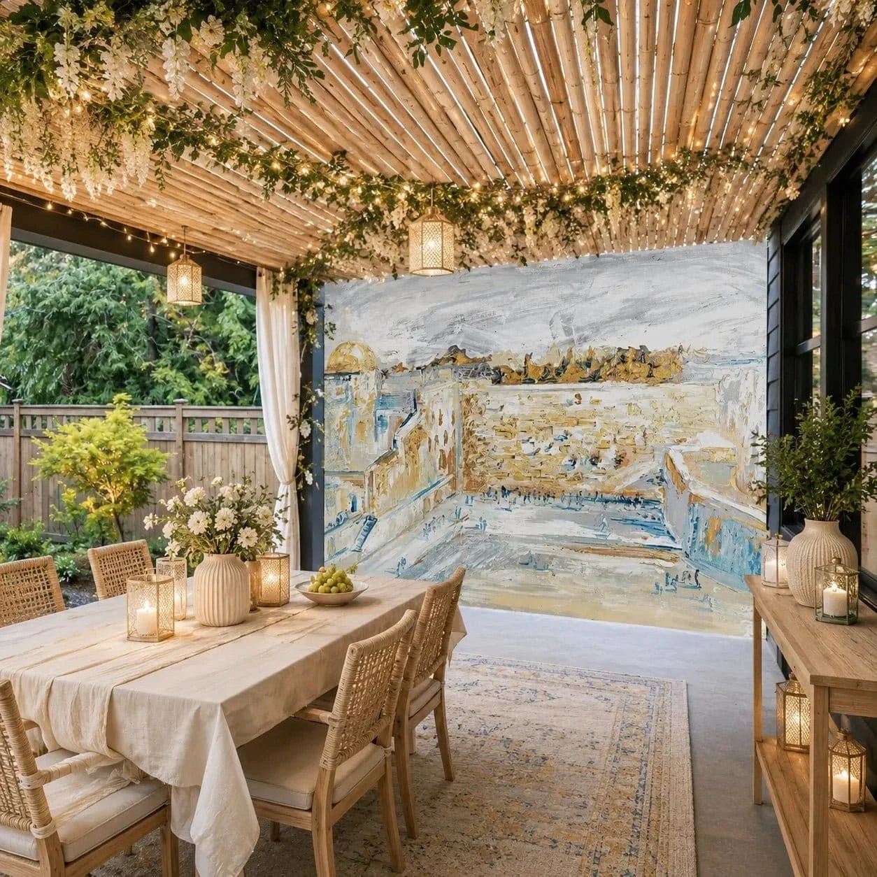 Kosel in Color vinyl sukkah mural covering a full sukkah wall behind a set dining table with candles and cane chairs
