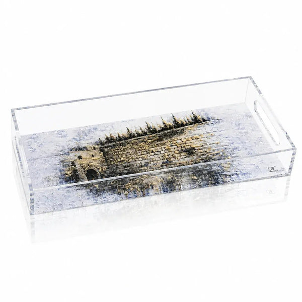 Kosel Teal Bread Tray with clear acrylic base and decorative landscape design, ideal for Shabbat serving and table decor.