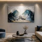 Modern Krias Yam Suf painting by Batya on clear lucite, featuring a dramatic abstract depiction of the Splitting of the Red Sea with metallic gold accents hang up on a living room wall