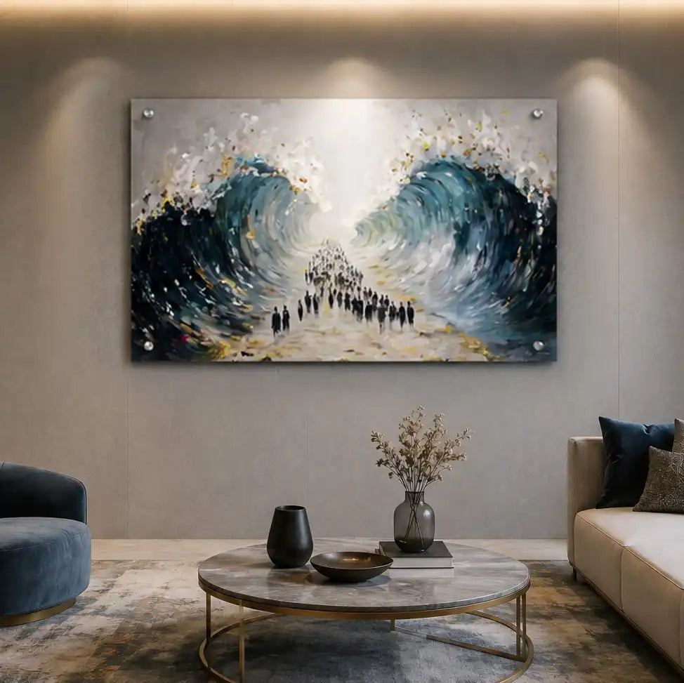 Modern Krias Yam Suf painting by Batya on clear lucite, featuring a dramatic abstract depiction of the Splitting of the Red Sea with metallic gold accents hang up on a living room wall