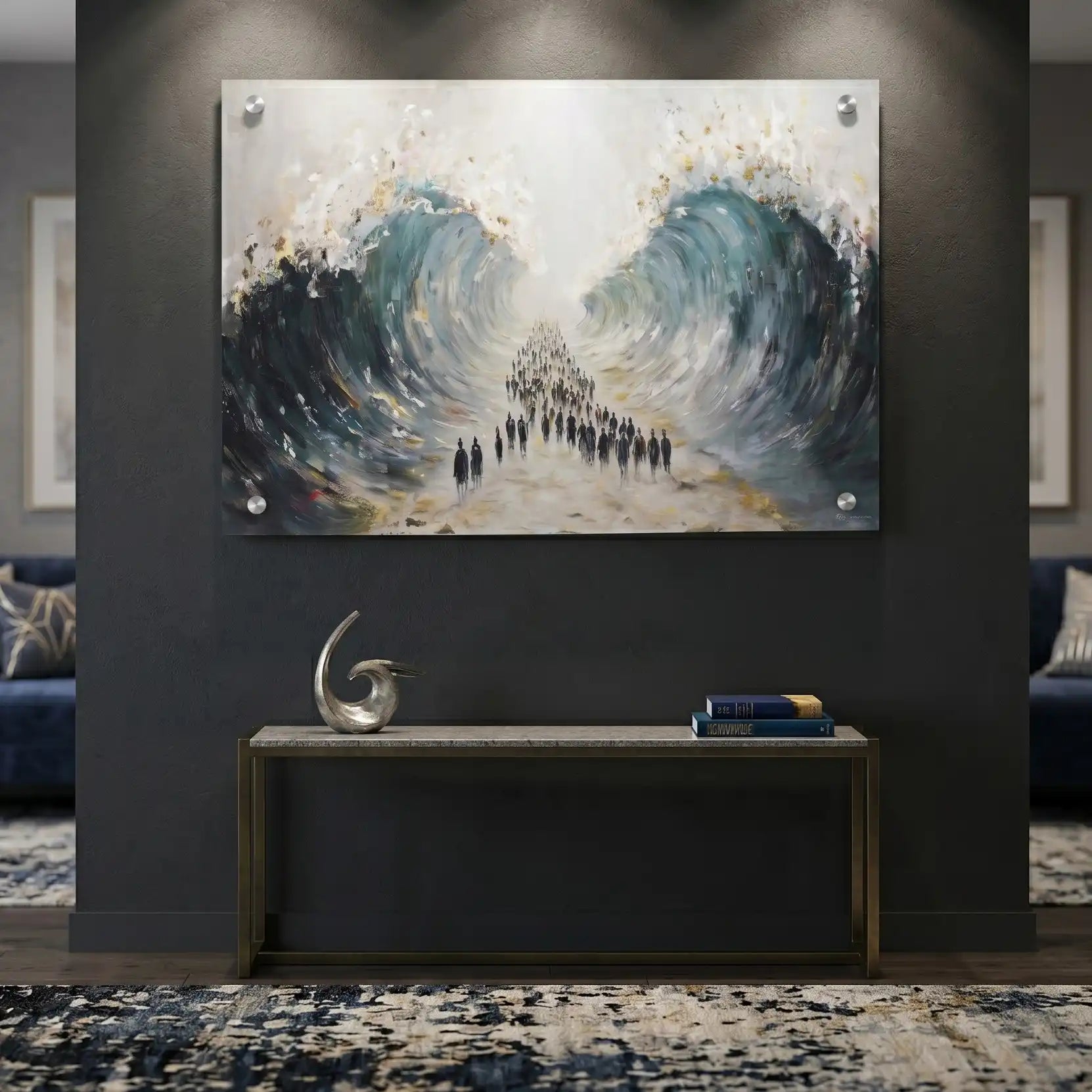 Modern Krias Yam Suf painting by Batya on clear lucite, featuring a dramatic abstract depiction of the Splitting of the Red Sea with metallic gold accents hang up on a living room wall