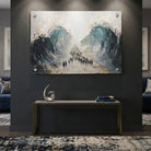 Modern Krias Yam Suf painting by Batya on clear lucite, featuring a dramatic abstract depiction of the Splitting of the Red Sea with metallic gold accents hang up on a living room wall