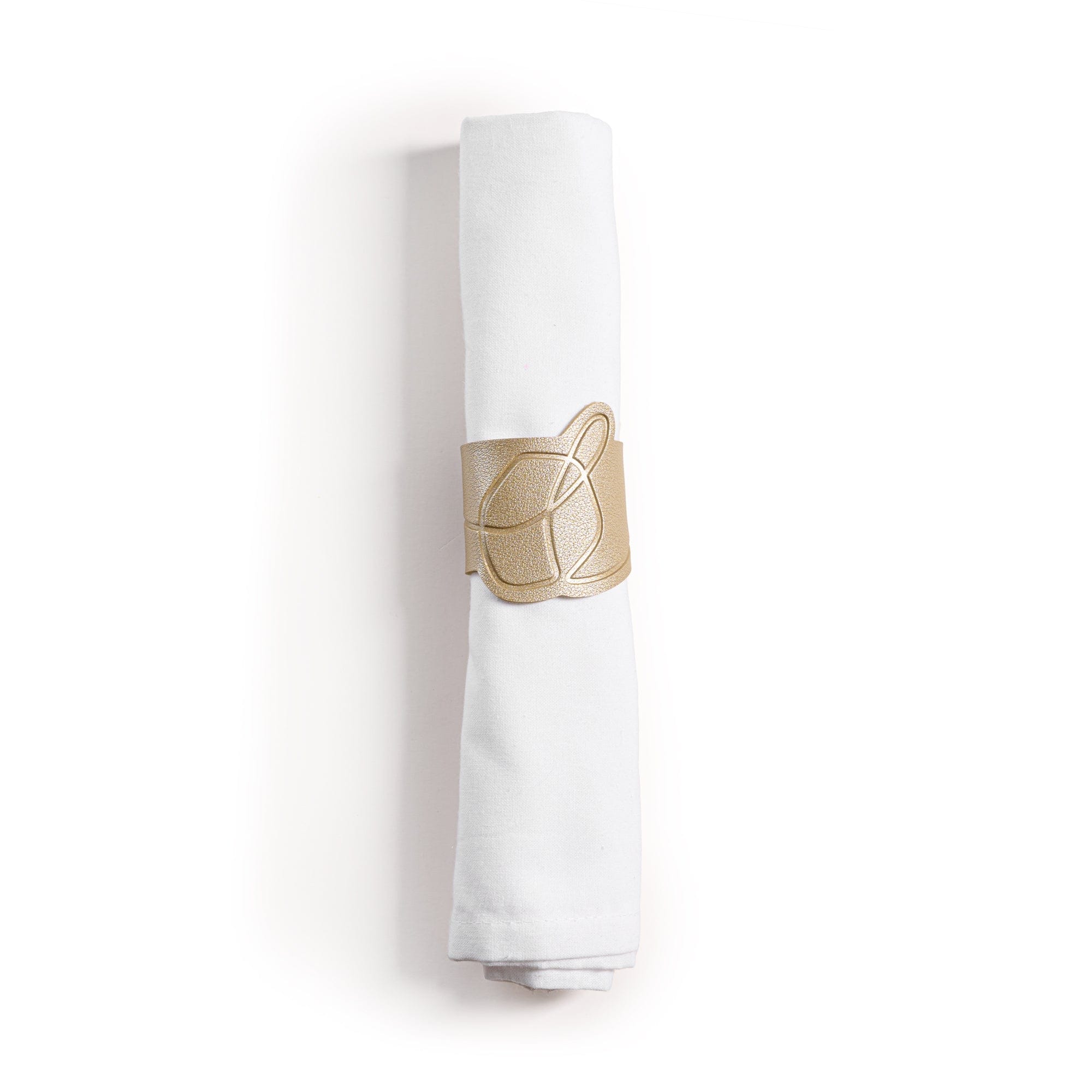 Waterdale collection - White napkin with a gold dreidel napkin wrap on a white background