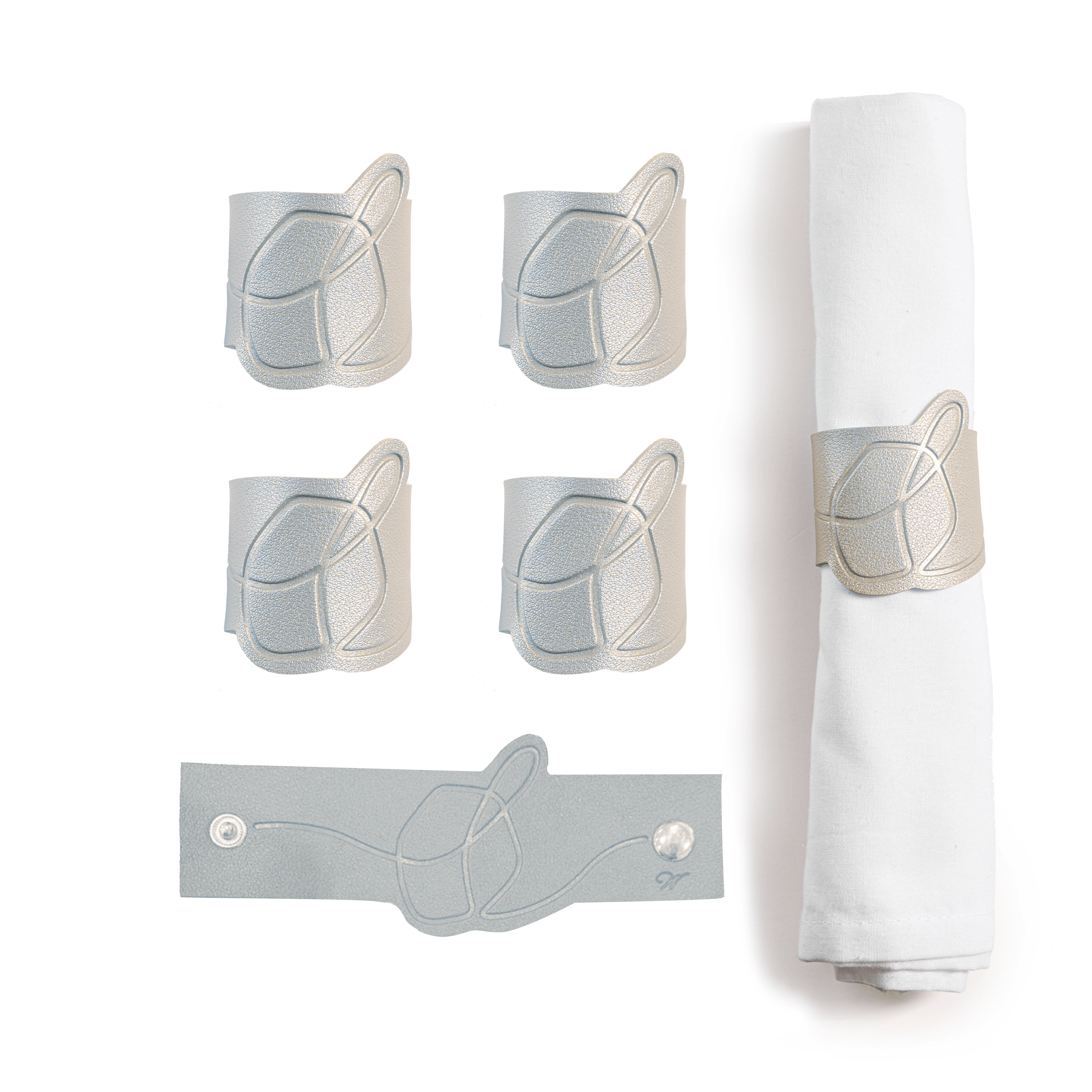 Silver Leather Dreidel Napkin Wraps with white napkins on a white background. Metallic napkin rings add a festive touch to the Jewish holiday dinner decor. - Waterdale Collection