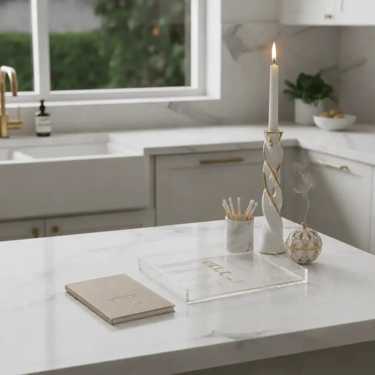 Leather hardcover Havdalah booklet with elegant beige leather cover set on a counter with havdalah set.