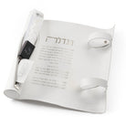 Silver leather havdalah mat - Set with matches, besamim, candle. - Waterdale Collection - White background. 