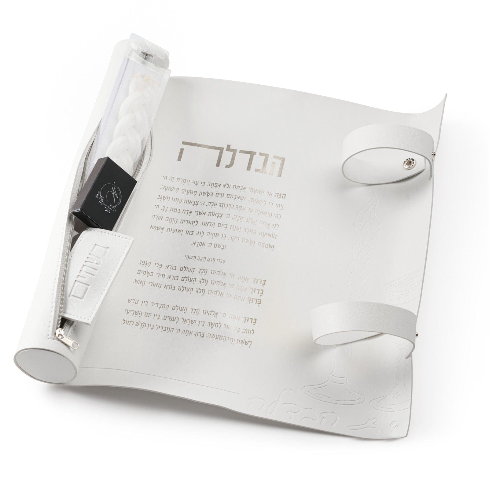 Silver leather havdalah mat - Set with matches, besamim, candle. - Waterdale Collection - White background. 