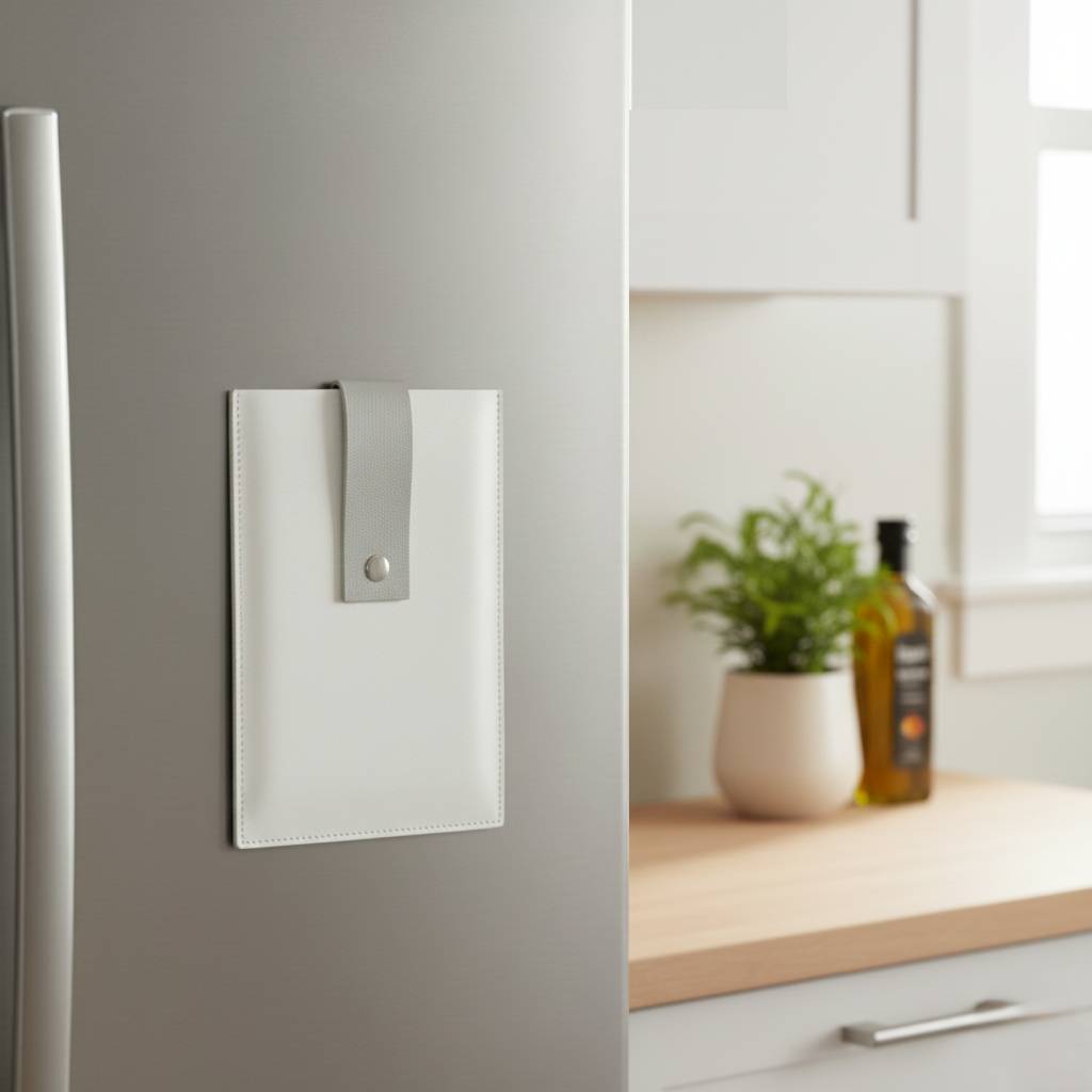 White leather kitchen card magnet set holding three printed prayer cards on a stainless steel refrigerator, shown in a bright kitchen setting -  Waterdale Collection