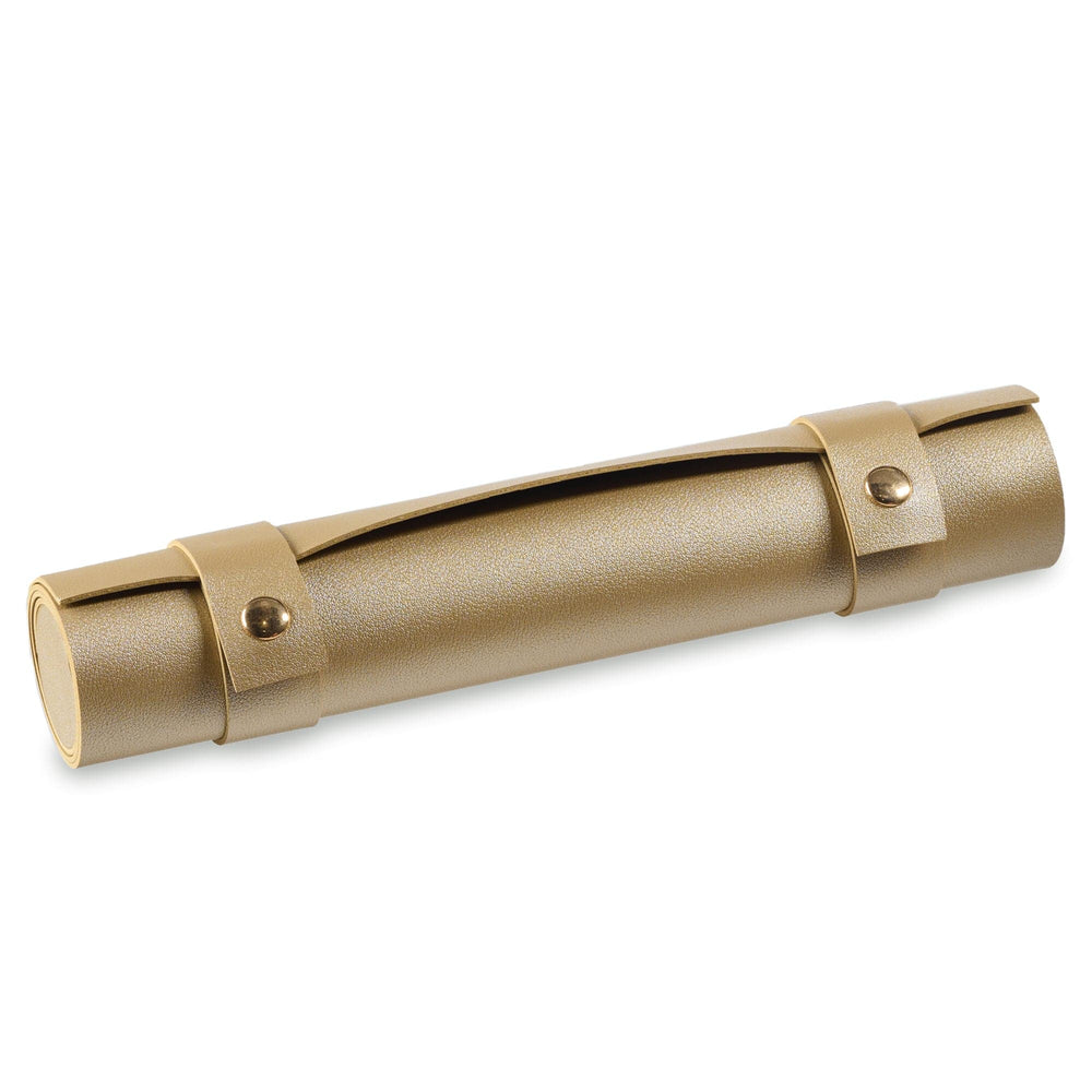 gold leather roll with metal clasps on a white background - waterdale collection - menorah mat