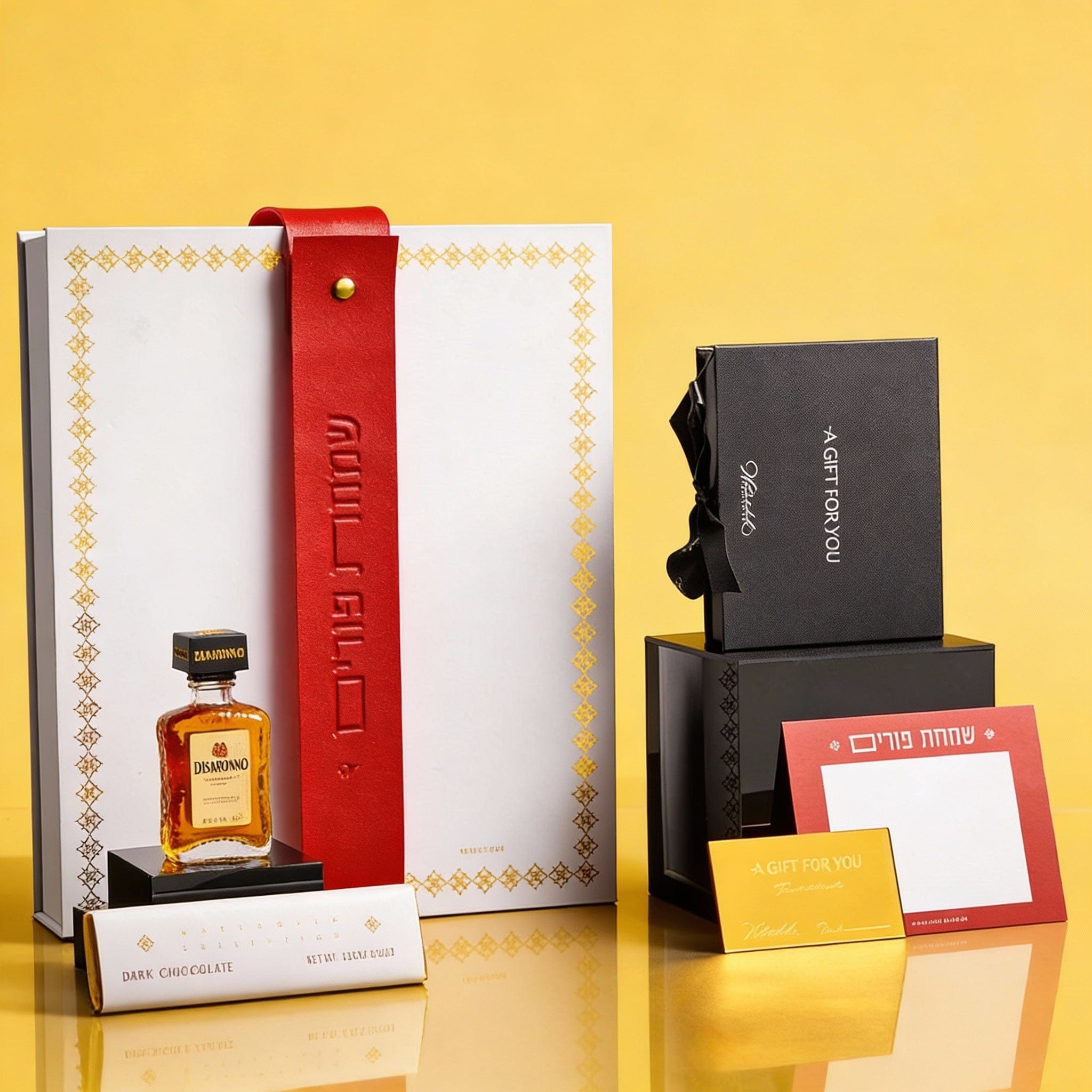 Elegant Mishloach Manot gift basket for Purim featuring premium wine, Hebrew-themed Judaica, and deluxe gift boxes