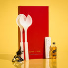 Waterdale Collection Purim Mishloach Manos drawer box with marble resin salad servers, chocolate, and Black Label whiskey