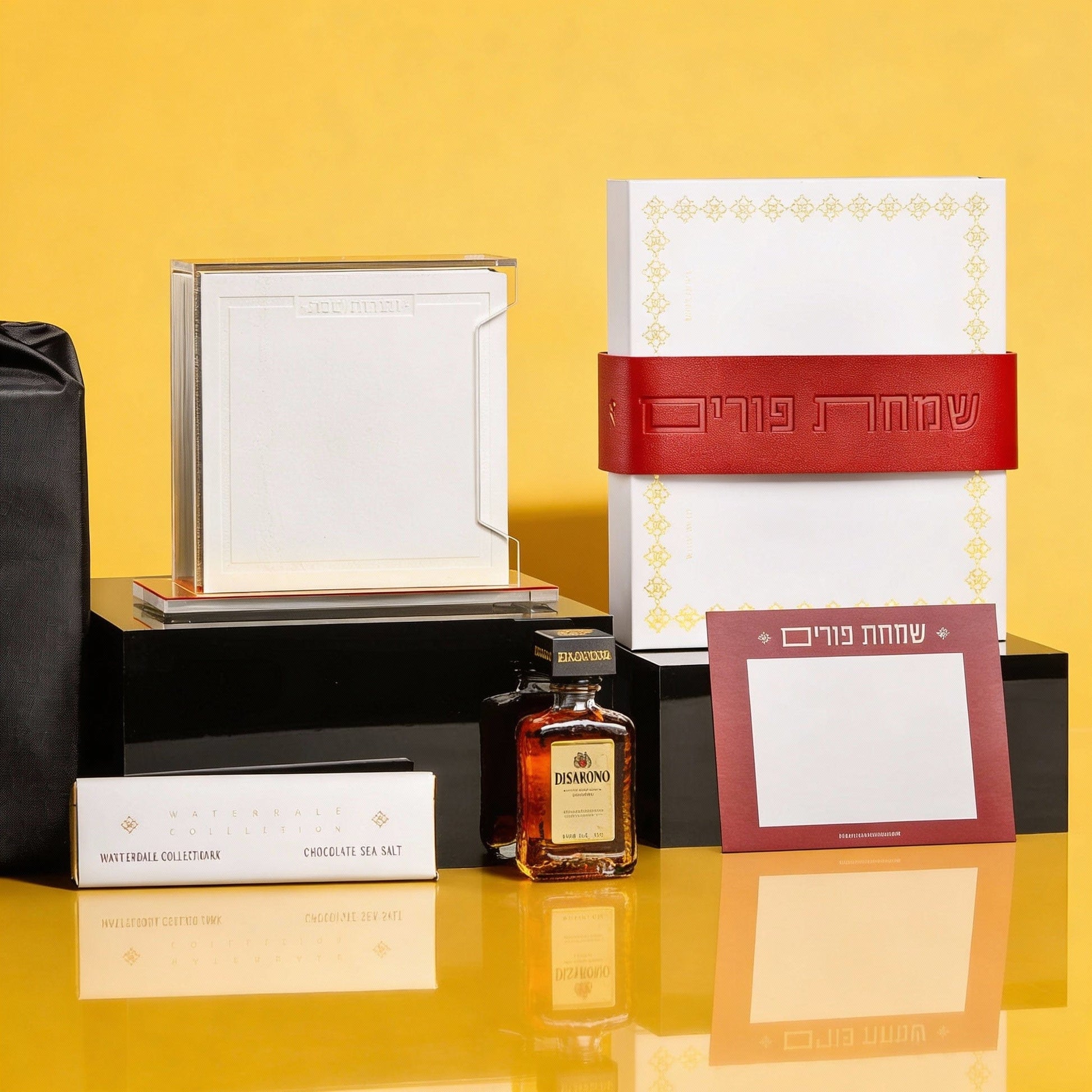 Elegant Mishloach Manot gift basket for Purim featuring premium wine, Hebrew-themed Judaica, and deluxe gift boxes