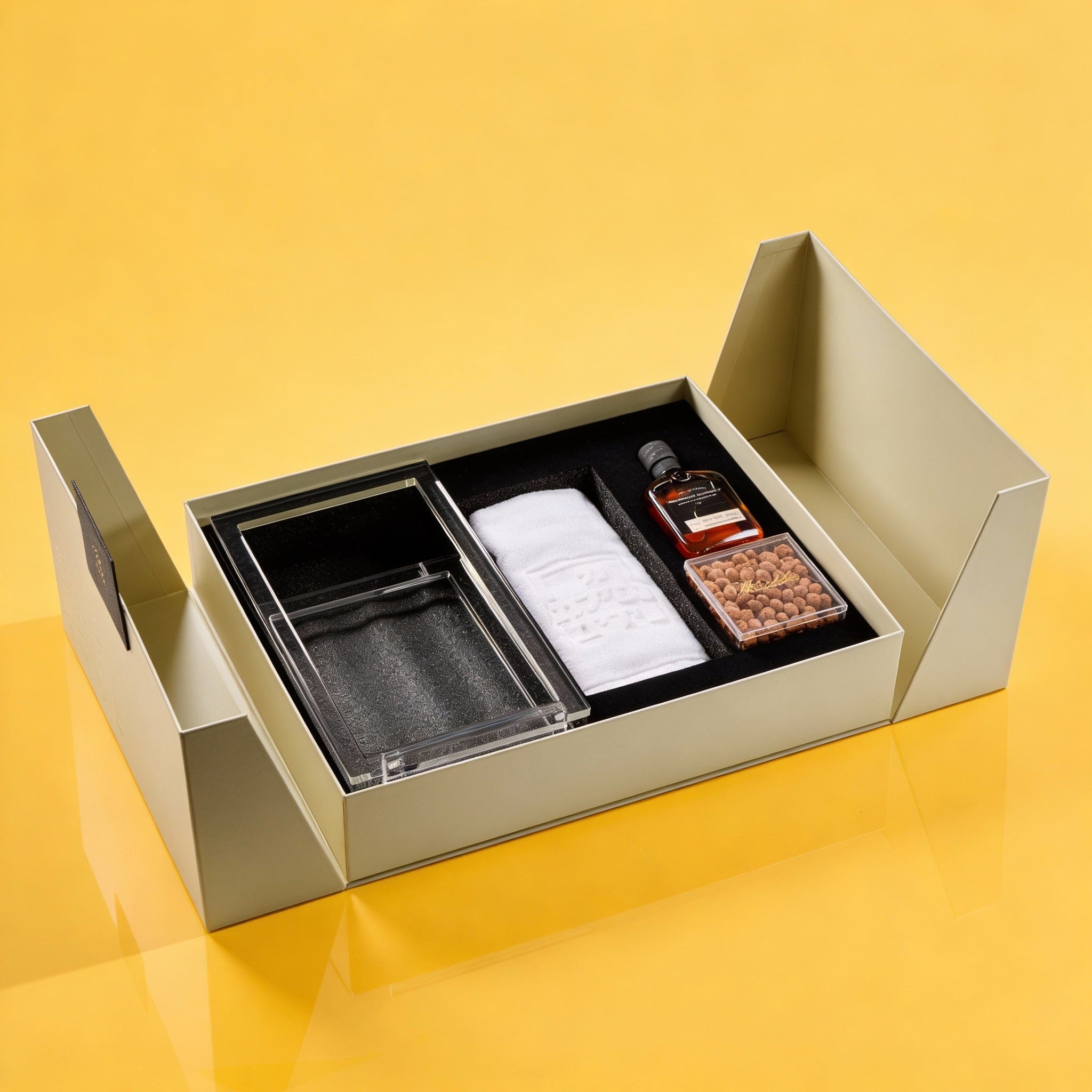 Luxury Mishloach Manot corporate Purim gift box with premium wine and Judaica items in elegant packaging - Waterdale Collection