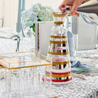 Mixed Metallic Wine Decanter with gold and silver stripe design, modern Judaica wine carafe for Shabbat and Yom Tov, elegant glass decanter for Jewish holiday table and Kiddush service.