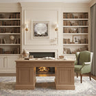 Mizmor Lesoda painted frame wall art with pearl marble finish displayed above wooden desk in home office setting with built-in shelving.